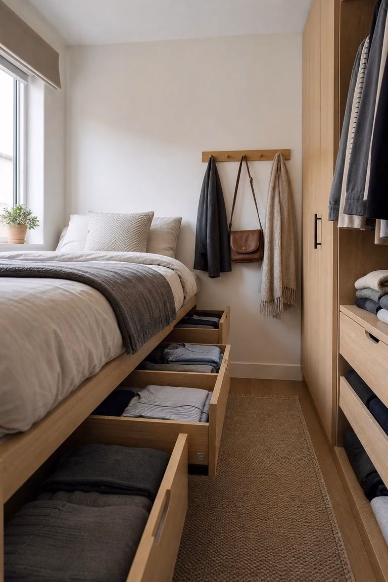 Storage bed serving as the main dresser in a very small bedroom.