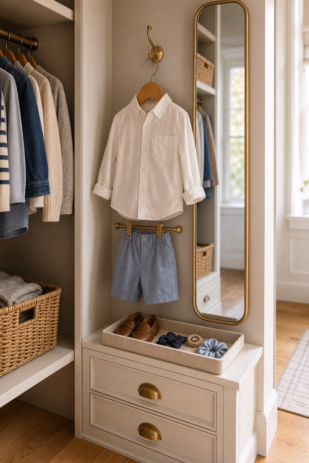 Children's closet outfit station with a single hanging outfit, shoe tray, accessories, brass hook, and built-in storage.