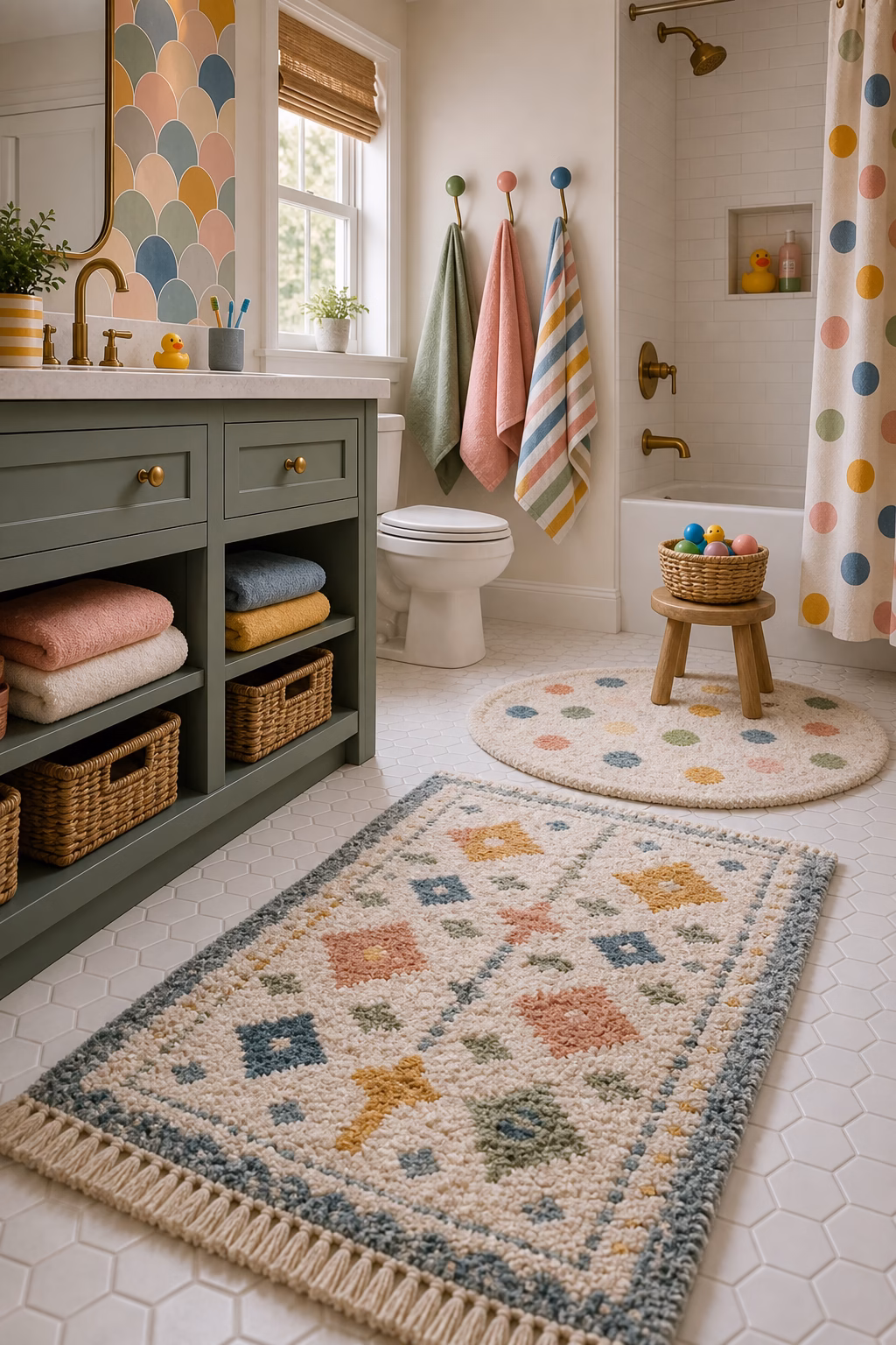use non-slip rugs with real style shown in a polished kids bathroom with realistic materials and natural light.