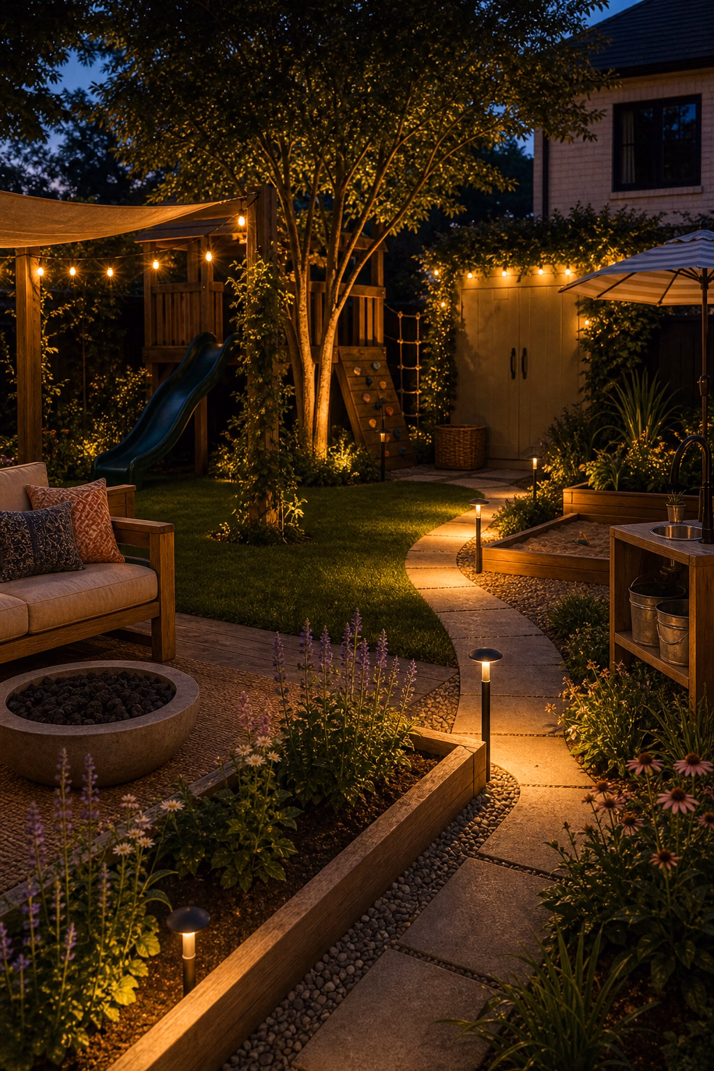 add low lighting for evening play shown in a polished kids backyard with realistic materials and natural light.