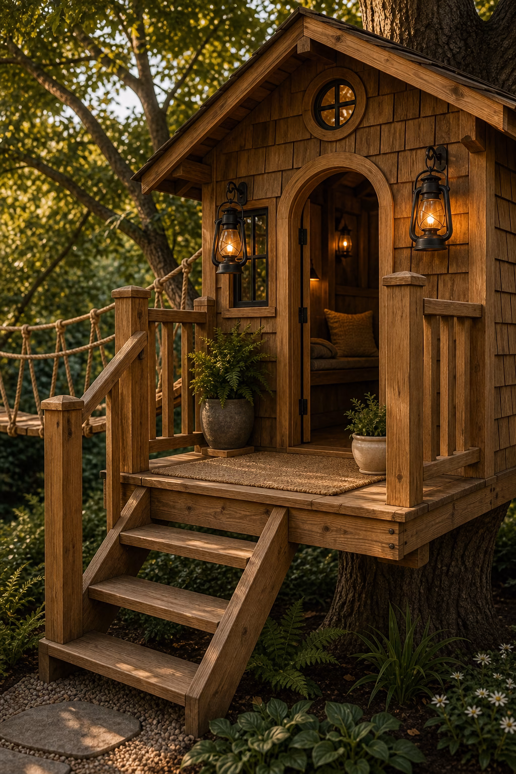 create a tiny porch with lanterns shown in a polished treehouse with realistic materials and natural light.