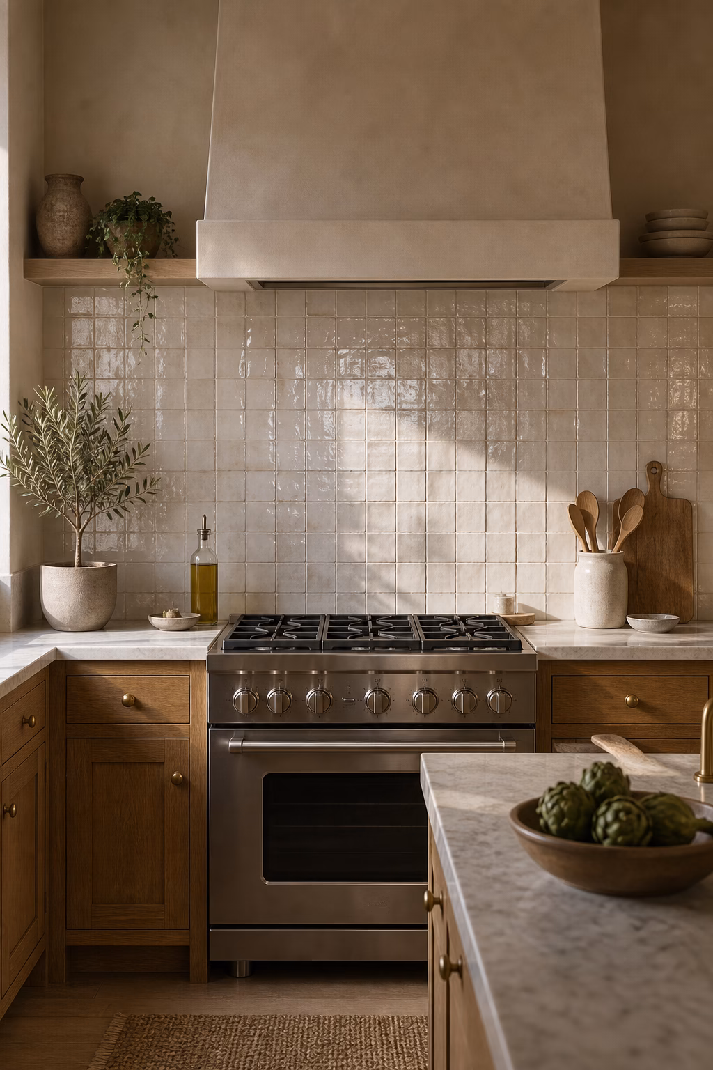 Cream zellige tile backsplash on a cozy kitchen range wall