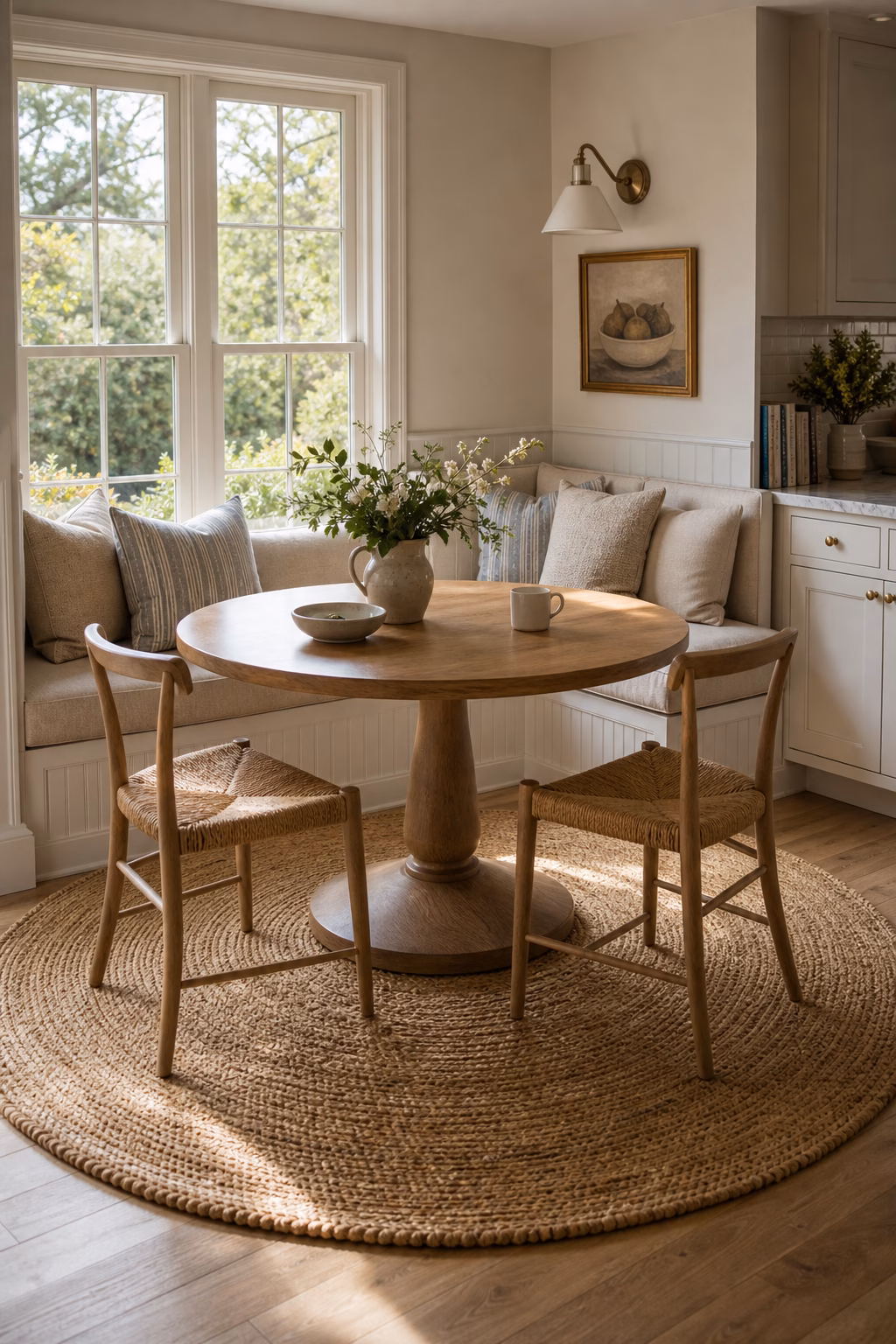 Breakfast nook anchored by a round jute rug under the table.
