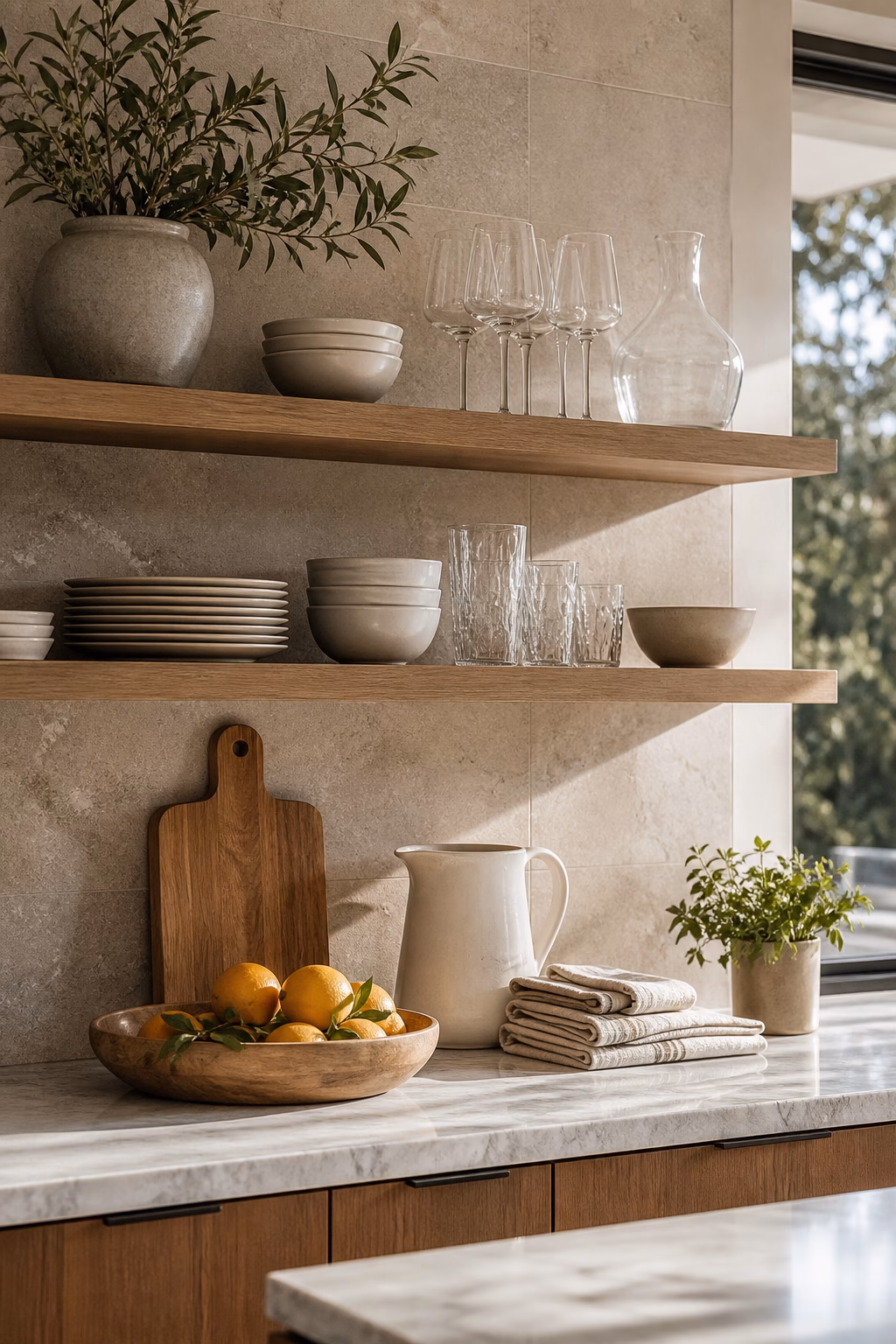 Kitchen shelves styled with useful plates glassware and ceramics