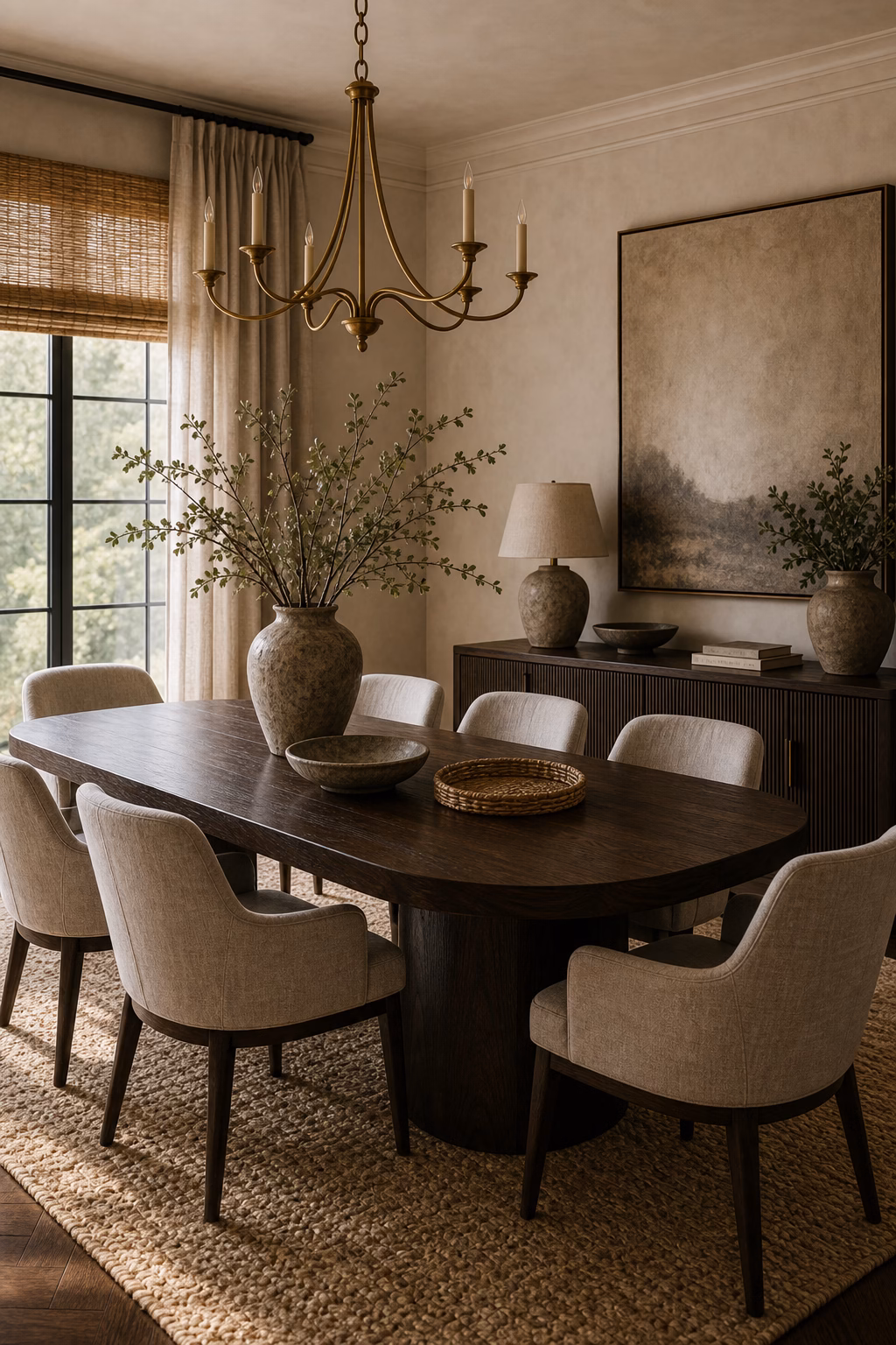 soften the room with natural texture shown in a polished luxury dining room with realistic materials and natural light.