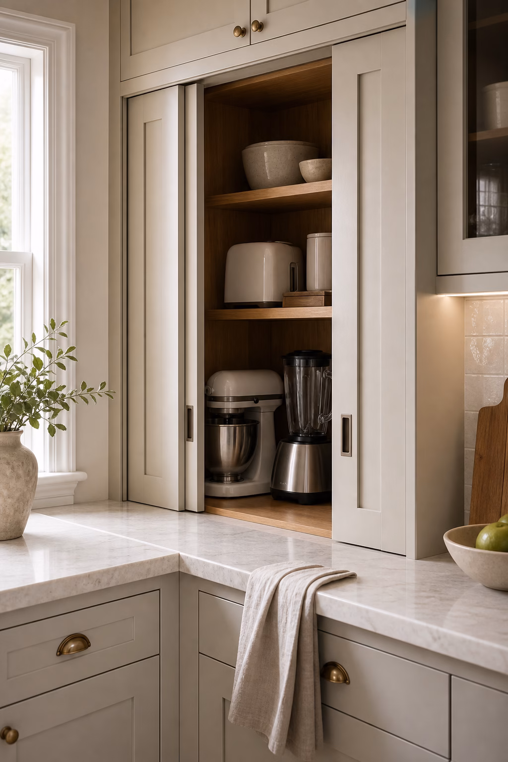hide small appliances behind doors shown in a polished small kitchen with realistic materials and natural light.