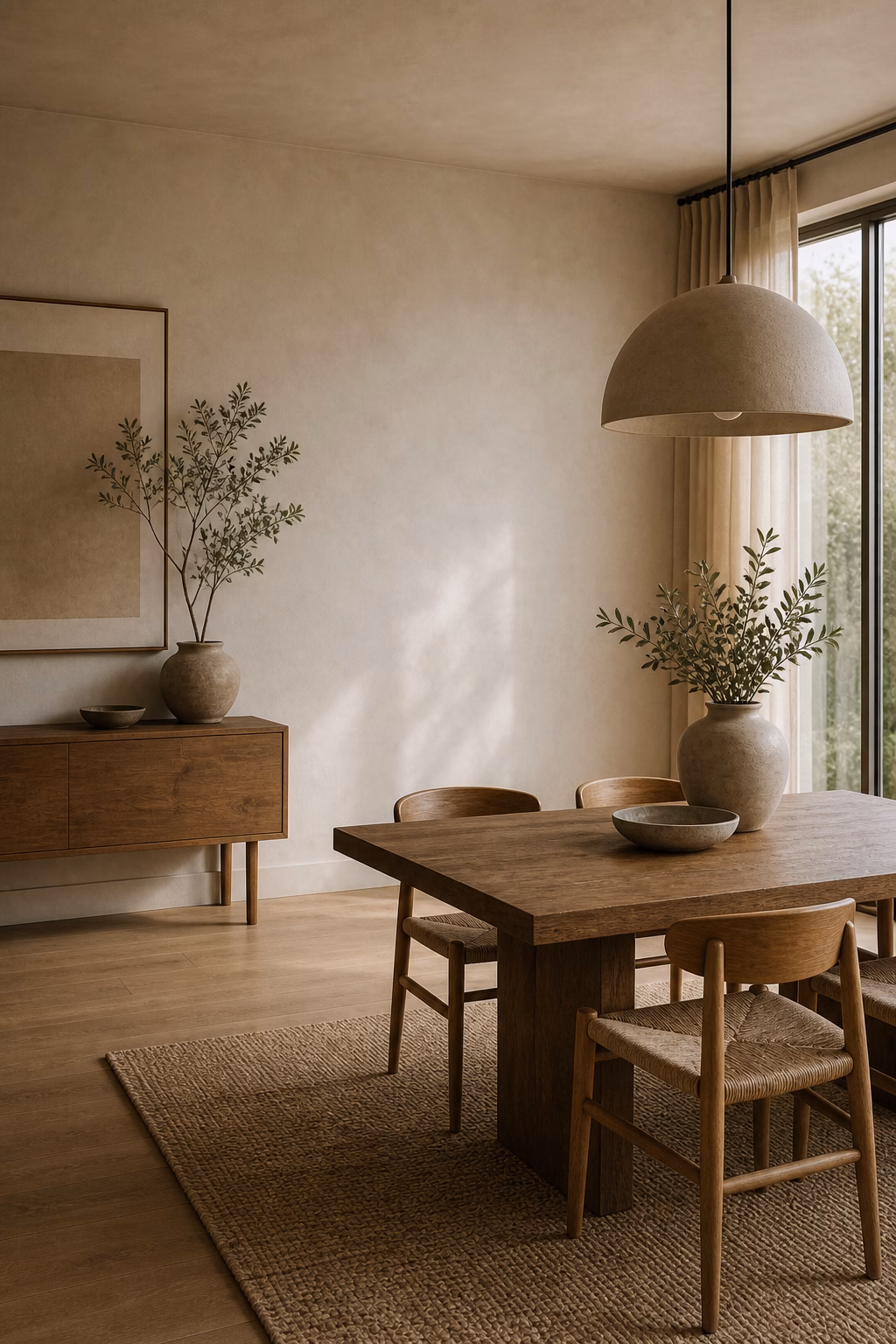 let negative space do the work shown in a polished organic modern dining room with realistic materials and natural light.