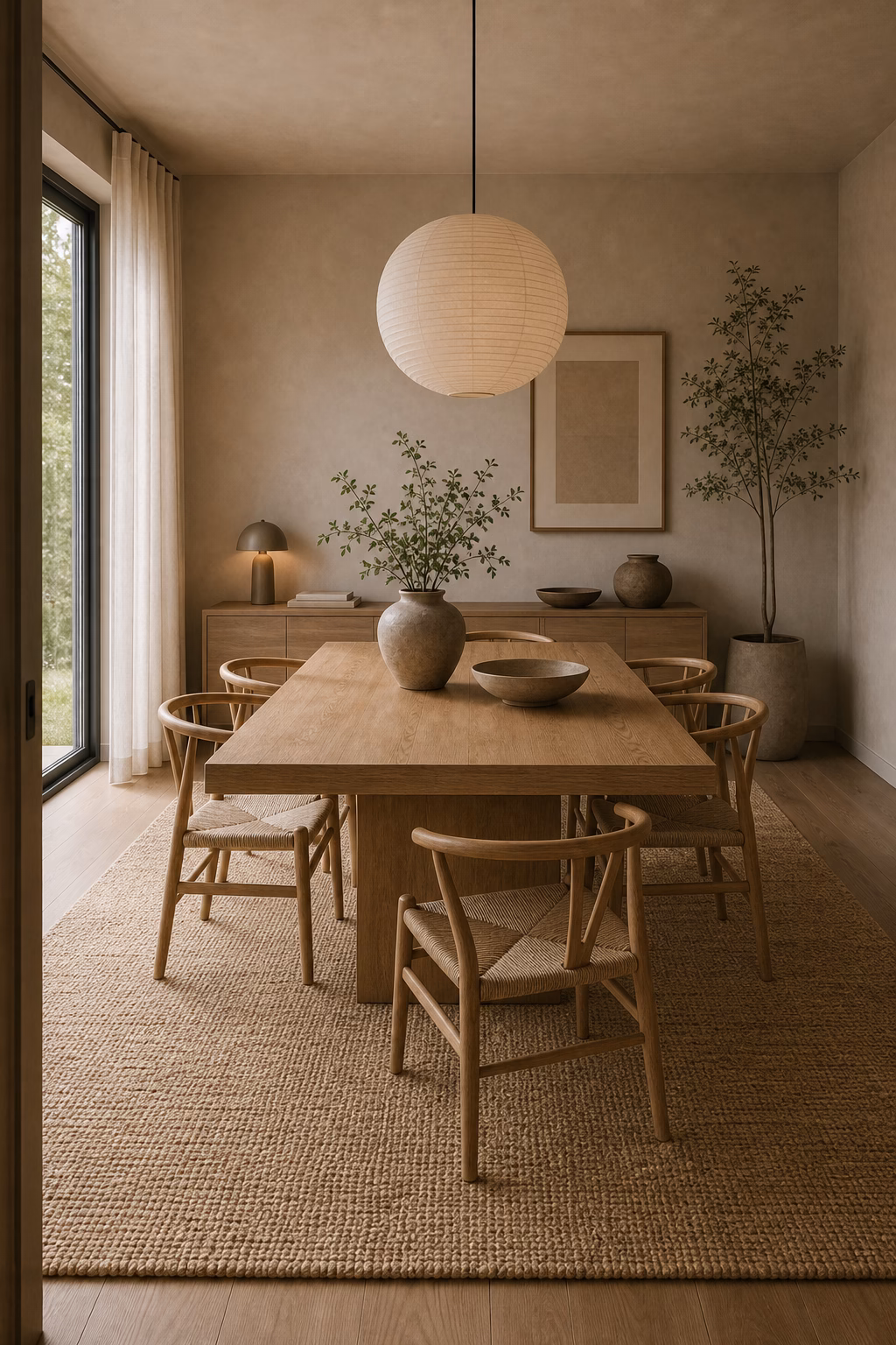 choose natural fiber rugs shown in a polished Japandi dining room with realistic materials and natural light.