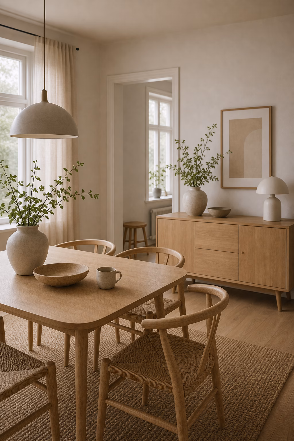 add a sideboard with tapered legs shown in a polished Scandinavian dining room with realistic materials and natural light.