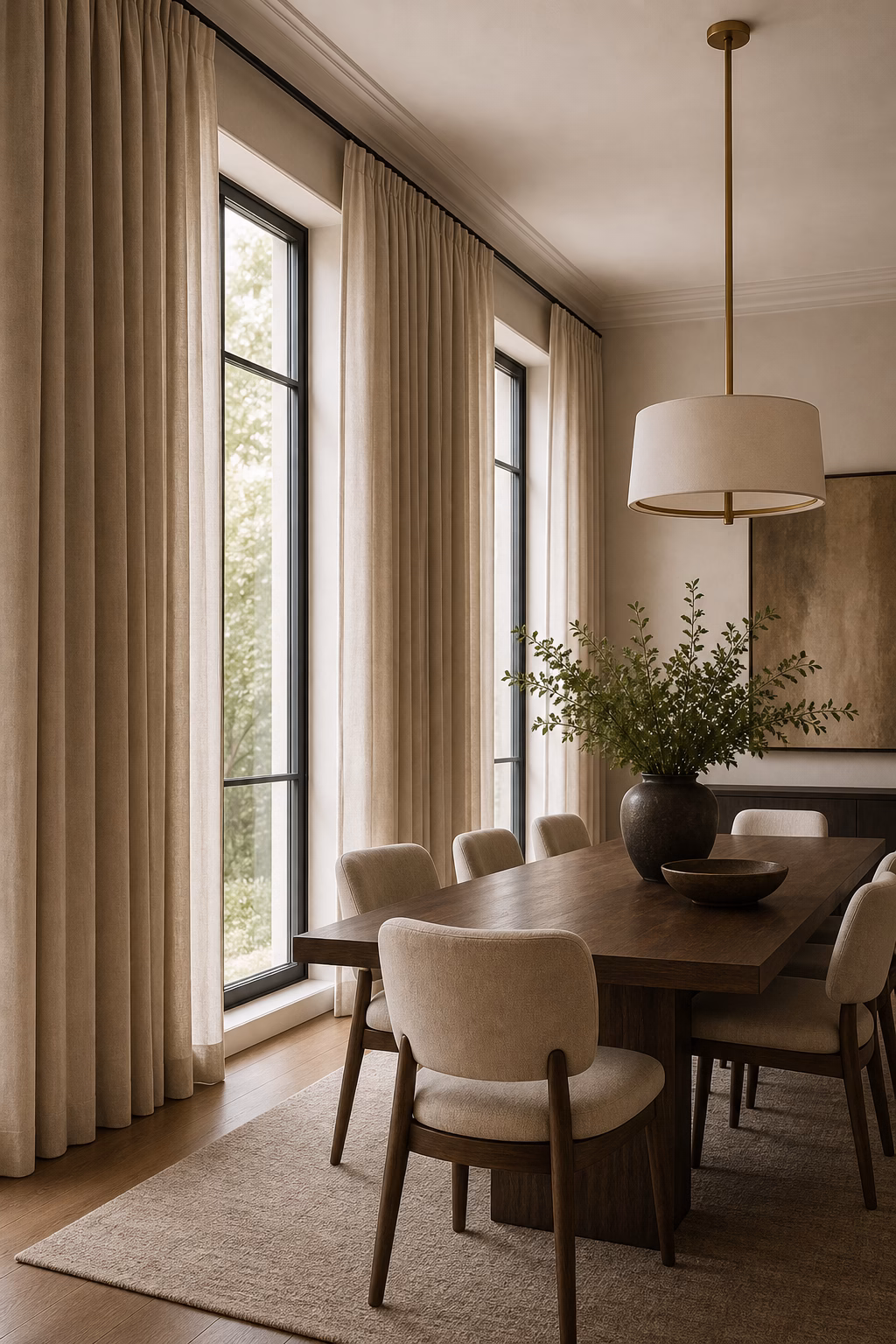 Floor-to-ceiling drapery framing a contemporary dining room window.