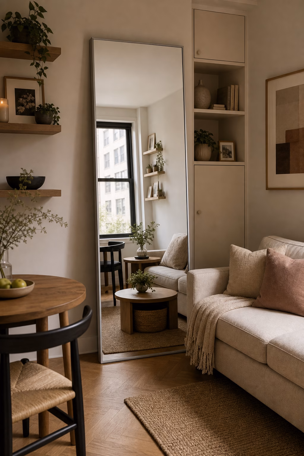 Full-height mirror adding depth to a small apartment living area