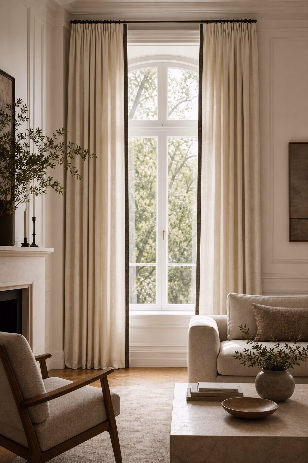 Neutral living room curtains with a narrow contrast leading edge trim