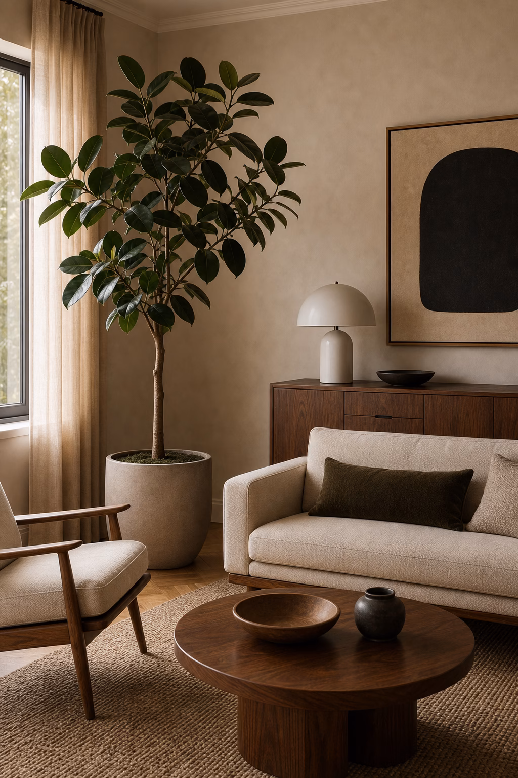 Mid-century living room with sculptural indoor plant and walnut furniture