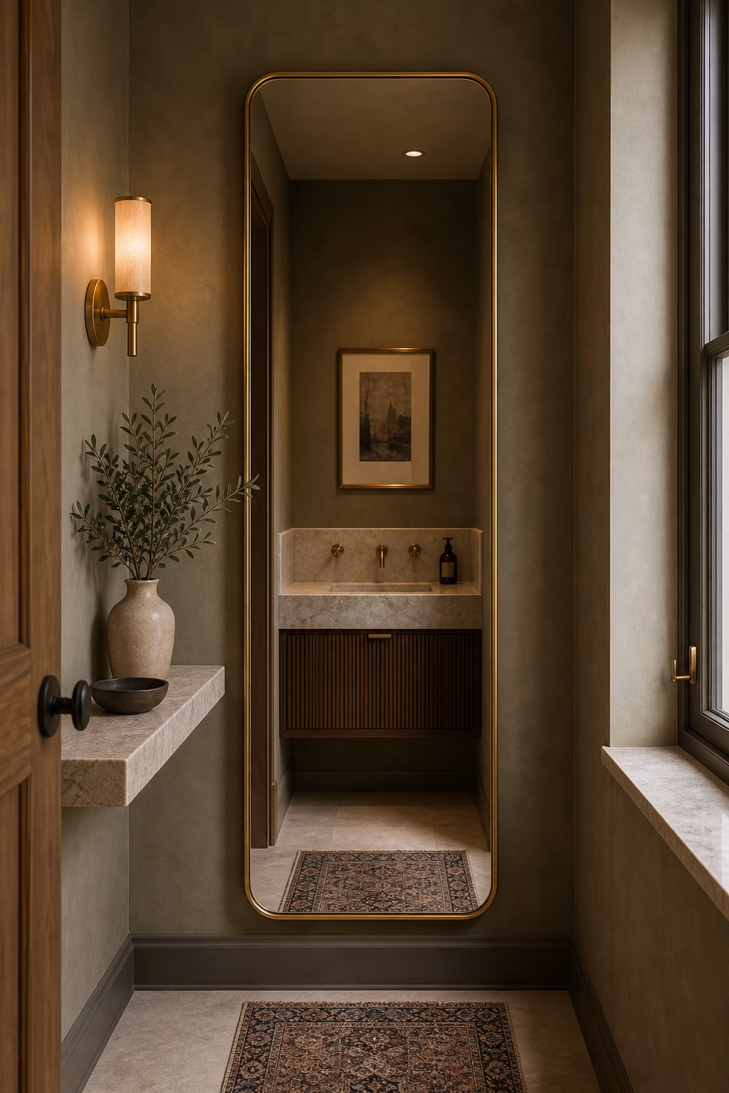 Long brass framed mirror adding soft shine to a compact space