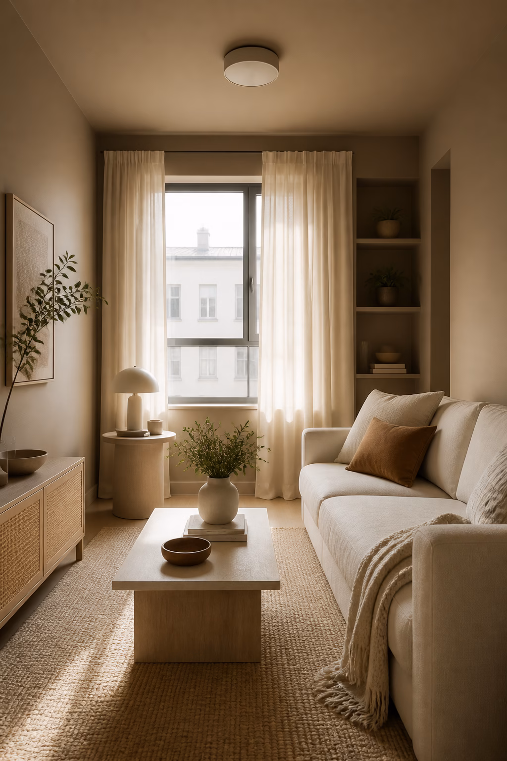 Small apartment room with warm color wrapping walls and ceiling