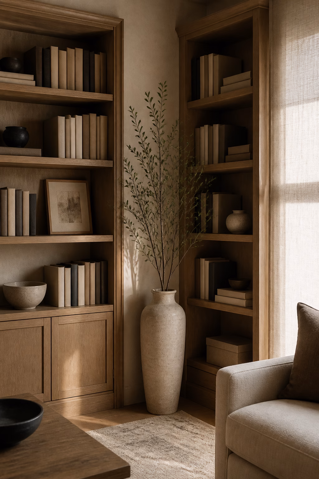 Tall vase using corner bookshelf space efficiently
