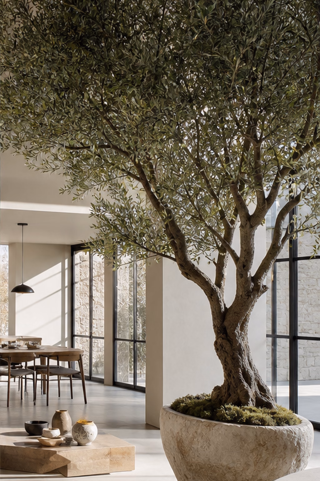 Large indoor tree treated as structure in a modern open-plan room