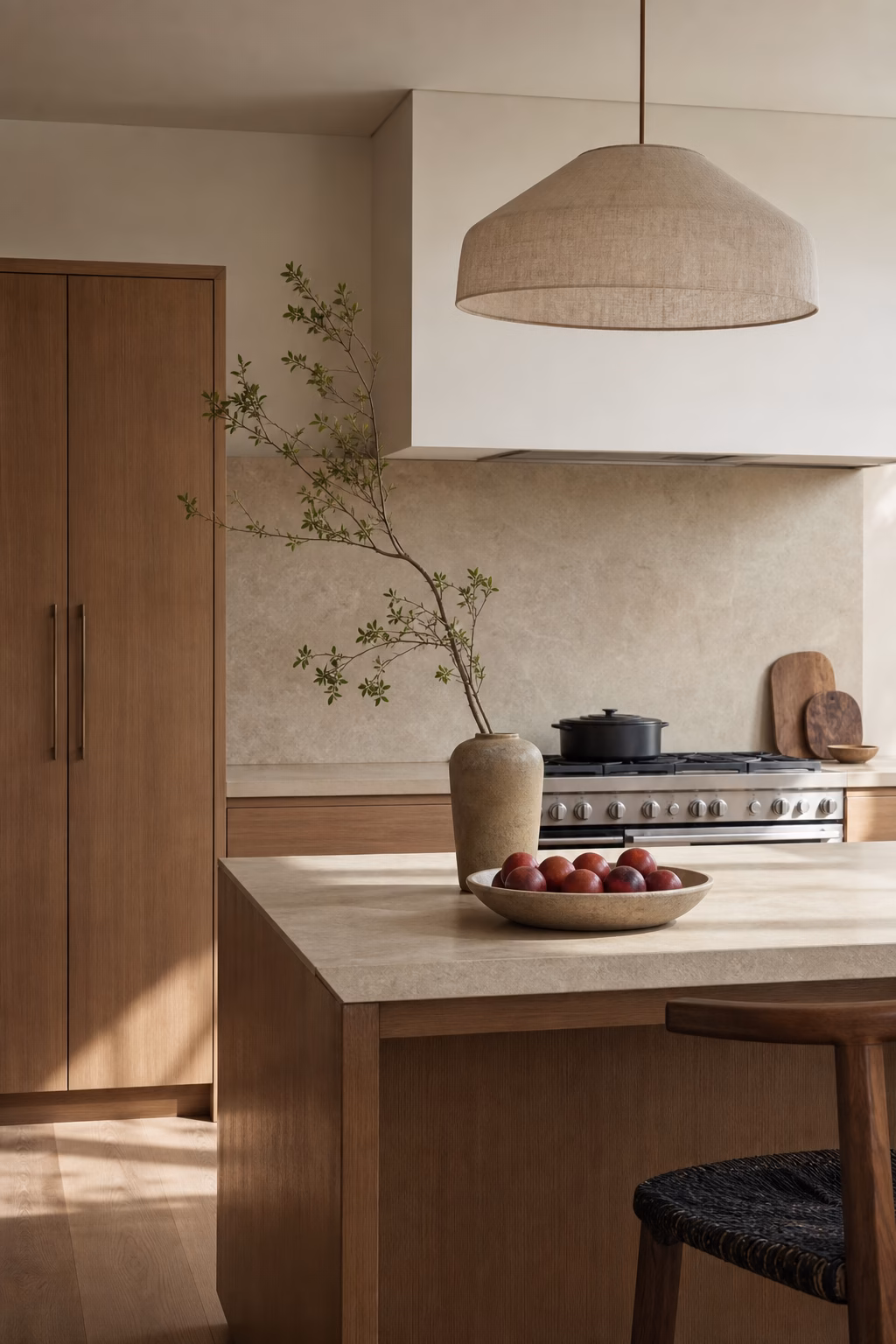 Elegant minimalist kitchen with restrained styling, clear counters, and a few quality objects.