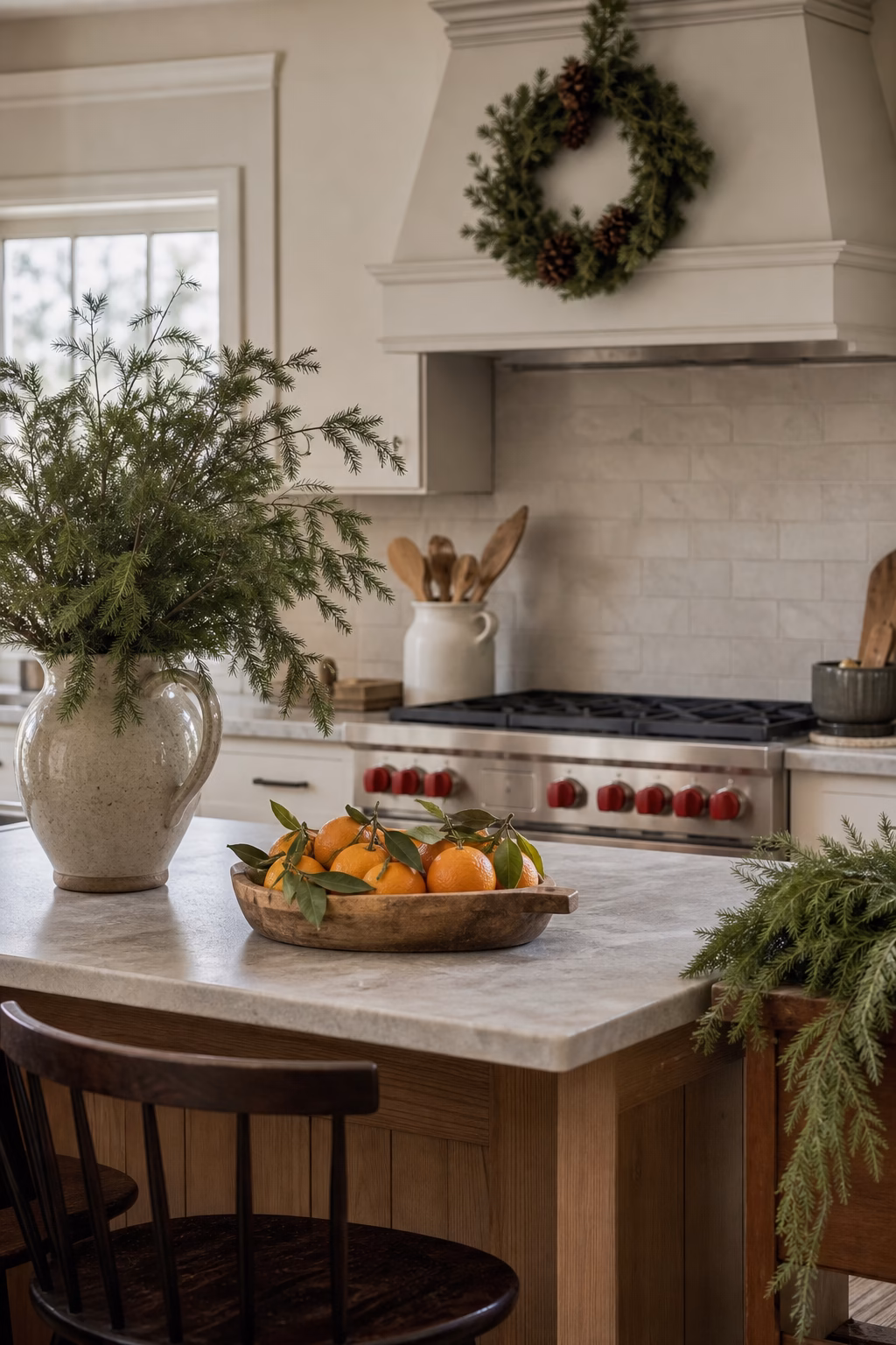 Subtle holiday kitchen decor with wreath cedar stems and citrus