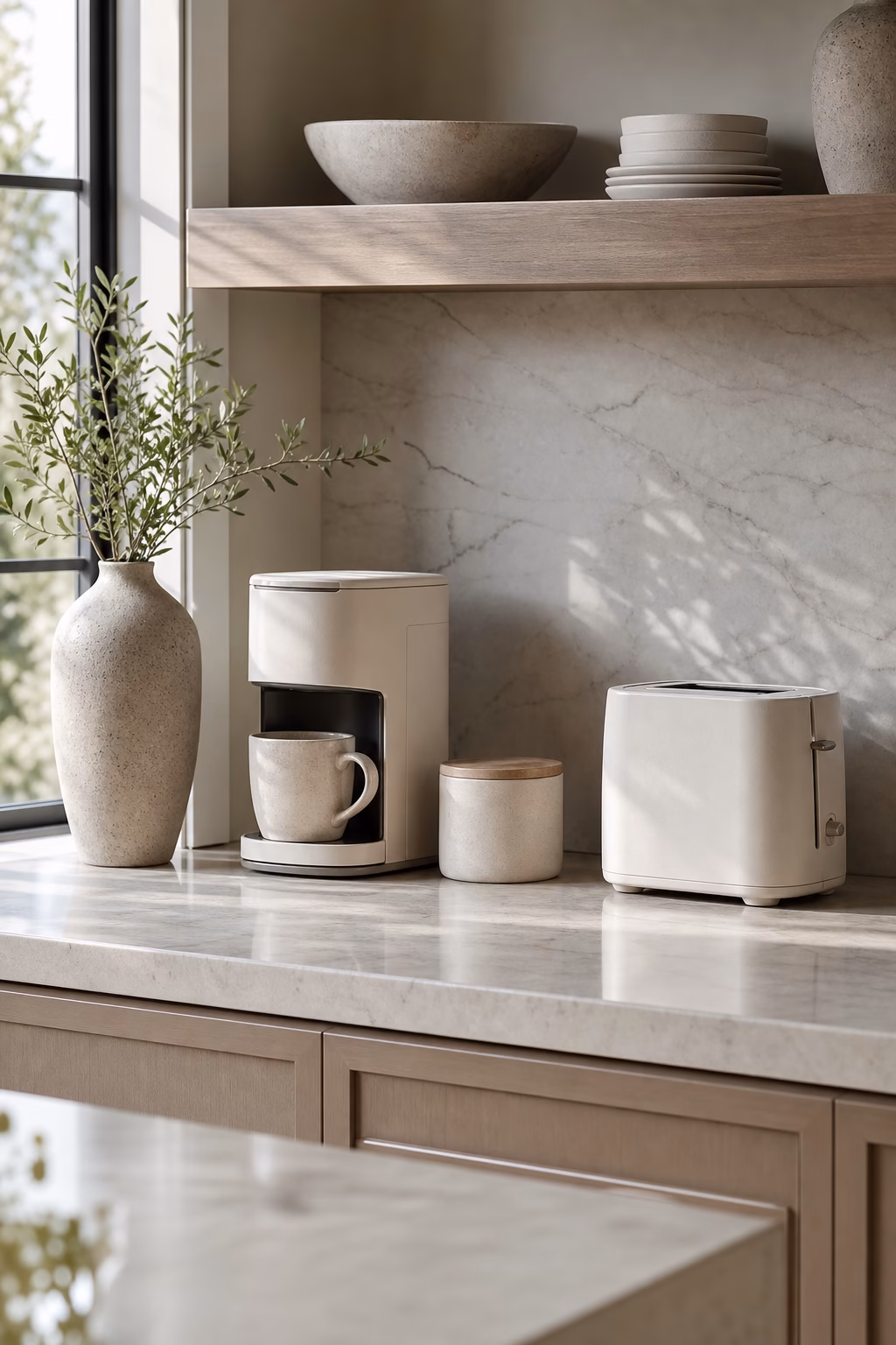 Hidden appliance cords keeping a sleek kitchen counter visually clean