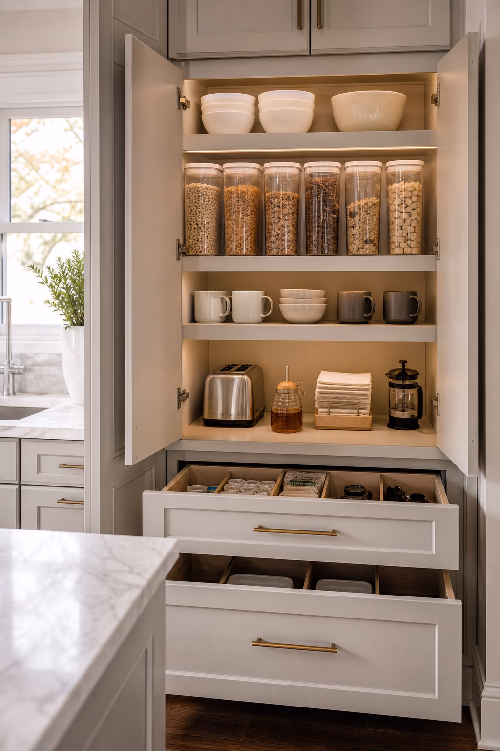 Kitchen breakfast storage zone grouping bowls, toaster, mugs, pantry items, and napkins together.