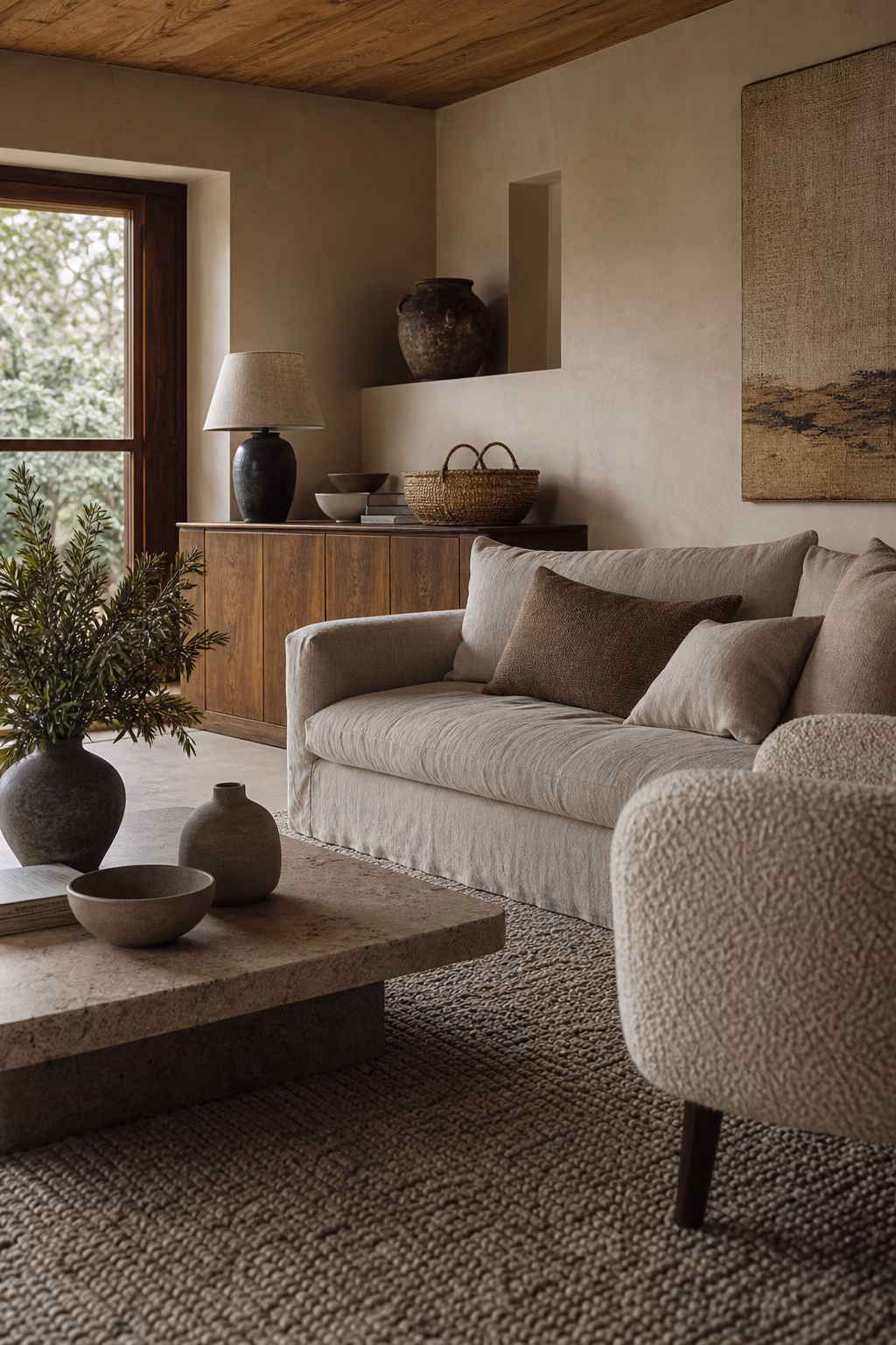 Cosy living room with linen wool boucle stone and ceramic textures