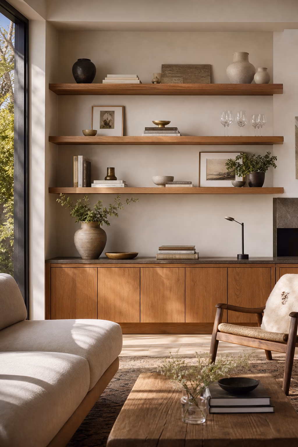 Apartment living room open shelves with books ceramics and negative space