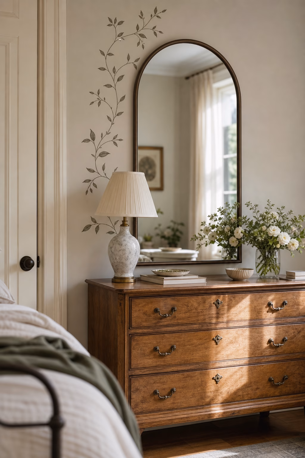 Delicate vine decals softening a bedroom mirror wall
