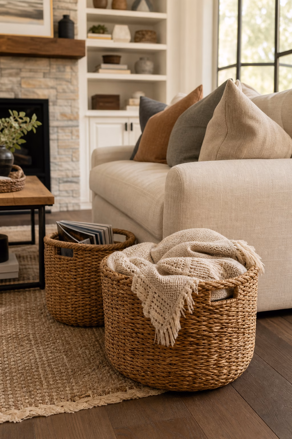 Cozy living room with woven baskets storing blankets and daily items beside the sofa.