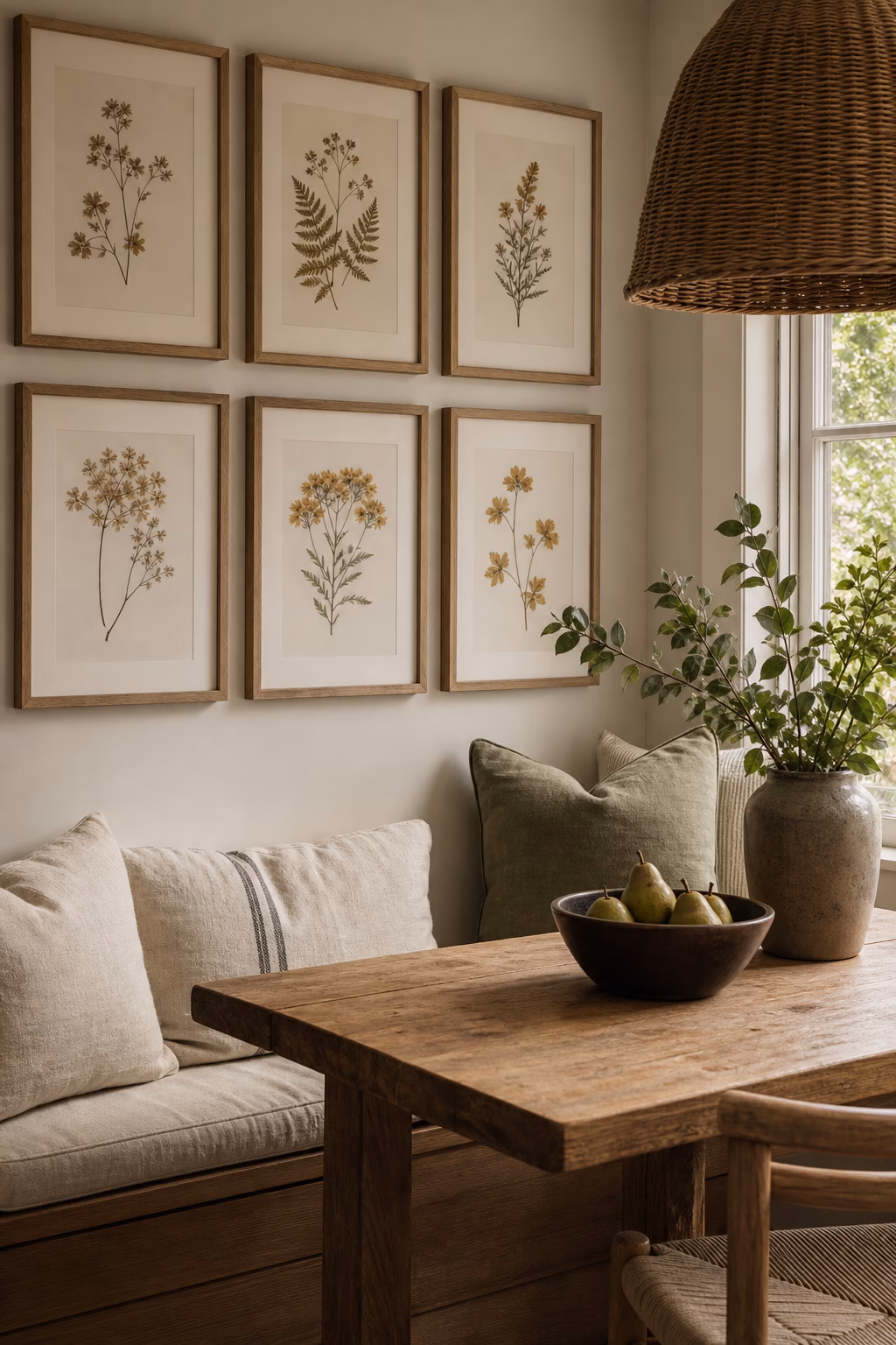 Pressed botanicals in raw wood frames creating rustic wall art