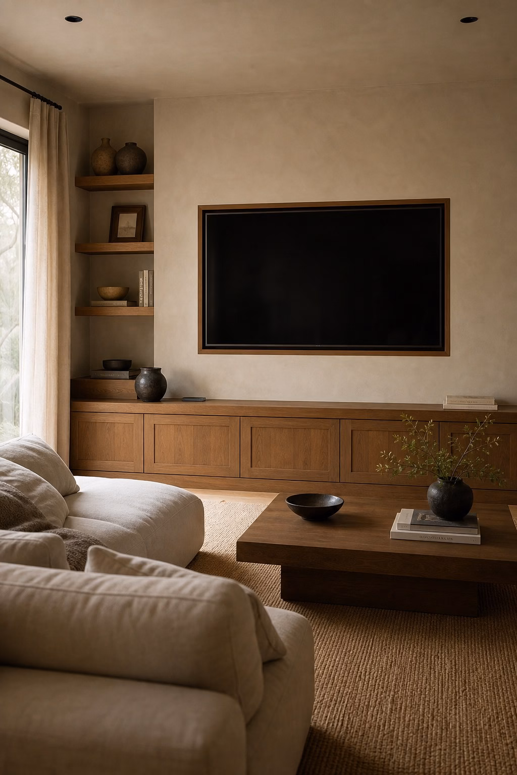 Quiet technology hidden within elevated living room storage