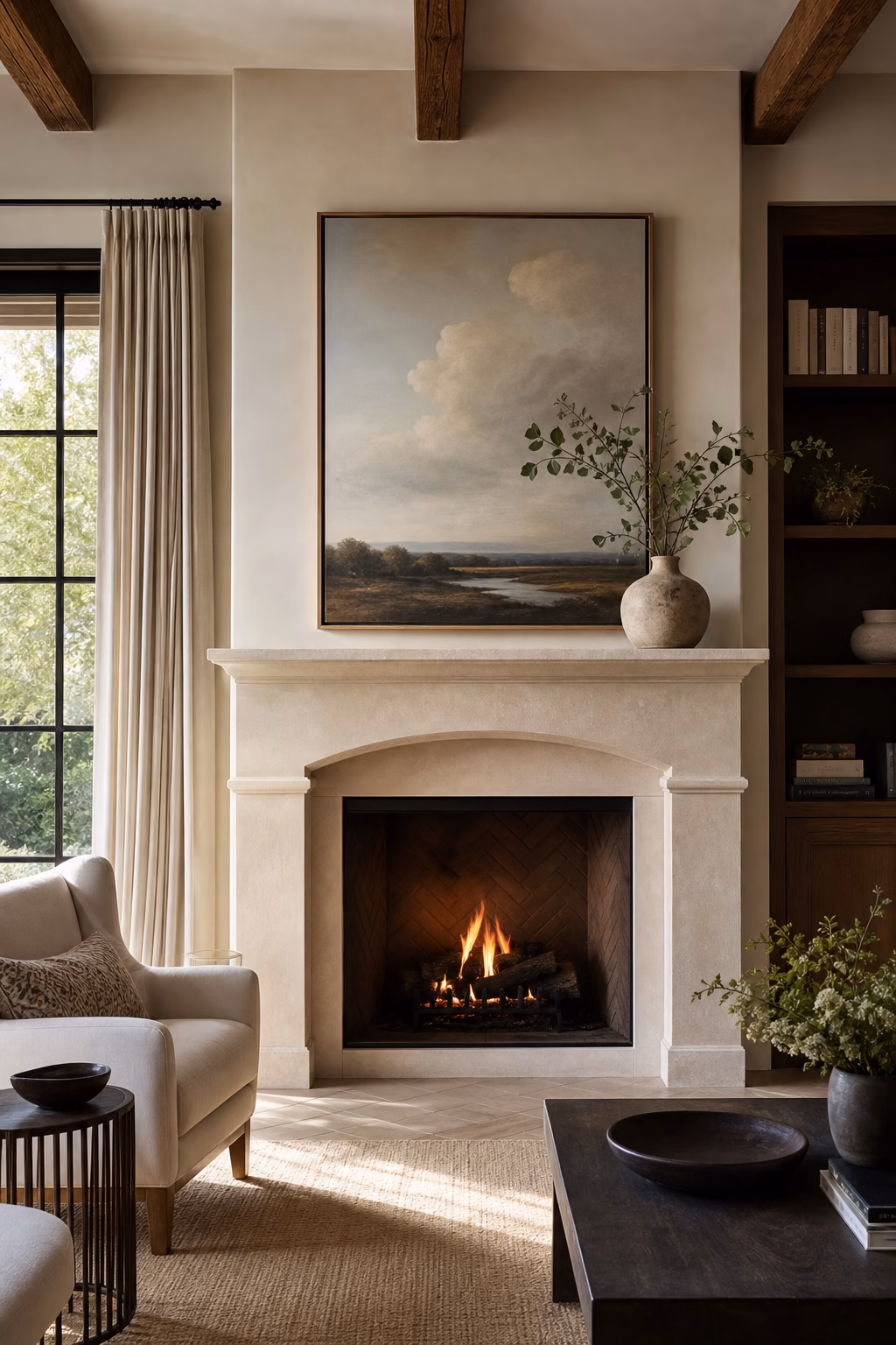 Properly scaled artwork displayed above a living room fireplace mantel