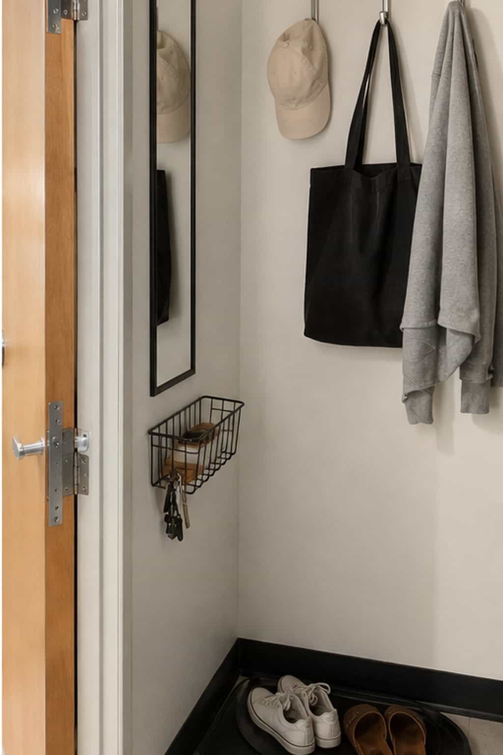 Dorm entry wall organized with hooks, shoe tray, mirror, and a narrow basket for grab items.