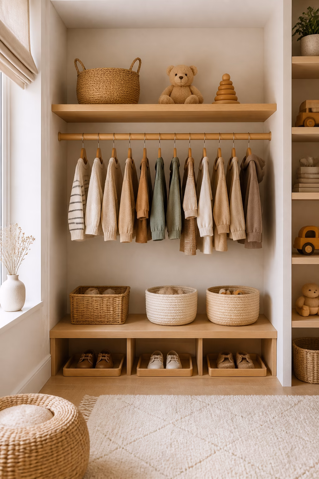 Montessori-inspired kids closet with low open rail, edited clothing, natural baskets, shelves, and simple storage.