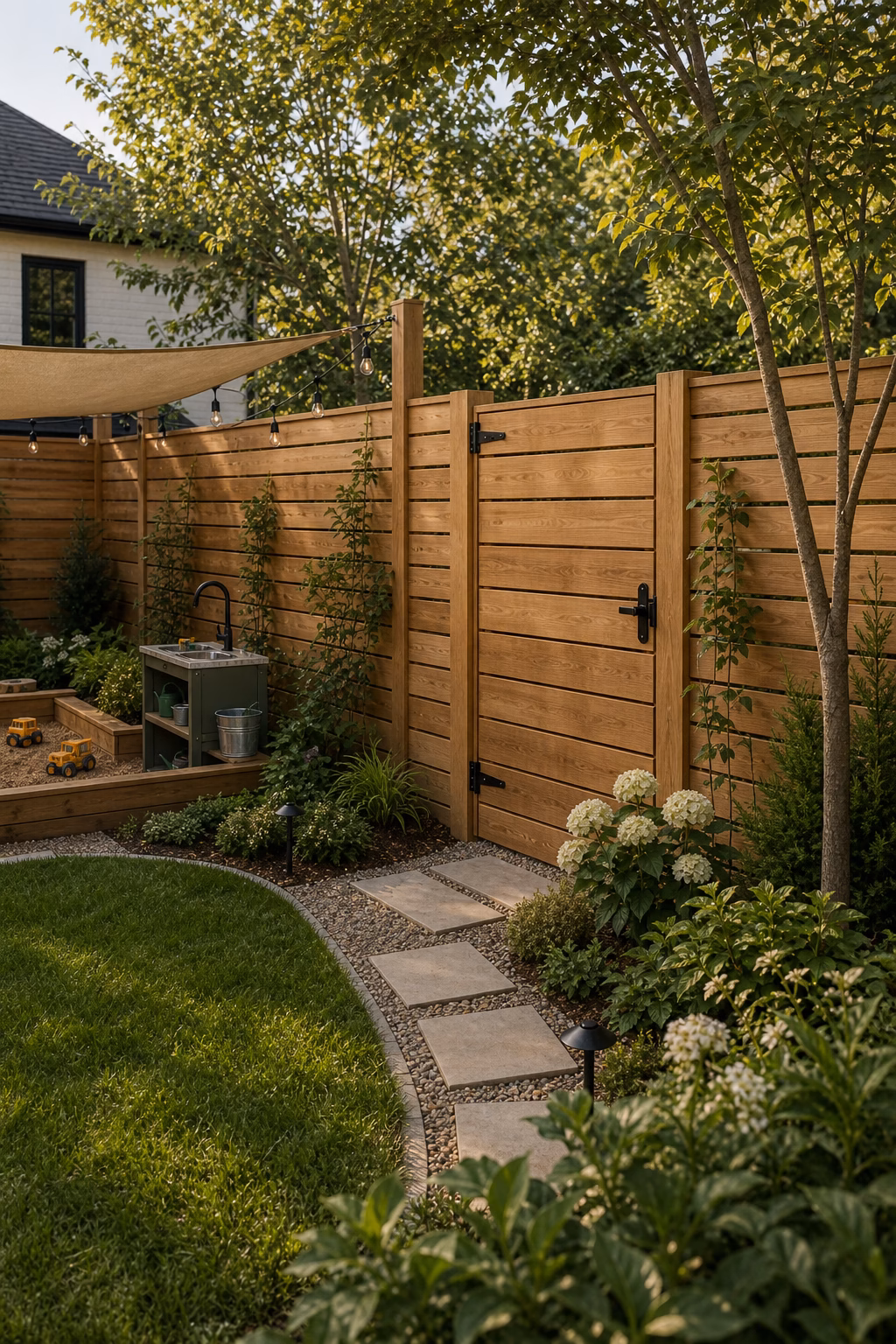 use fencing as a design feature shown in a polished kids backyard with realistic materials and natural light.
