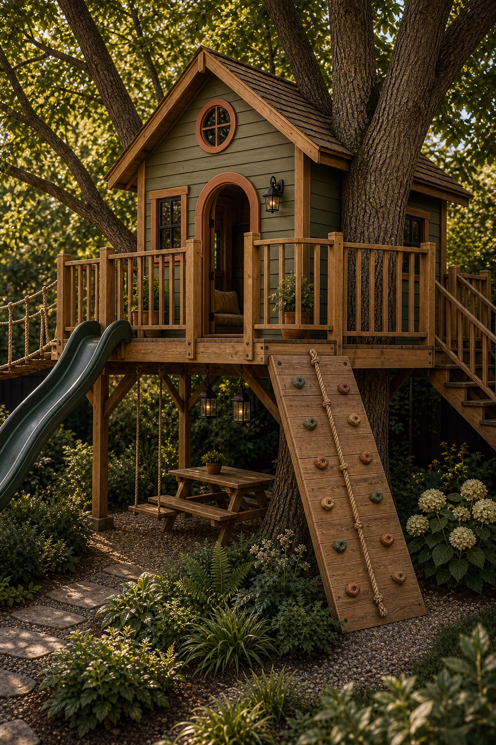 use earthy paint instead of bright plastic shown in a polished treehouse with realistic materials and natural light.