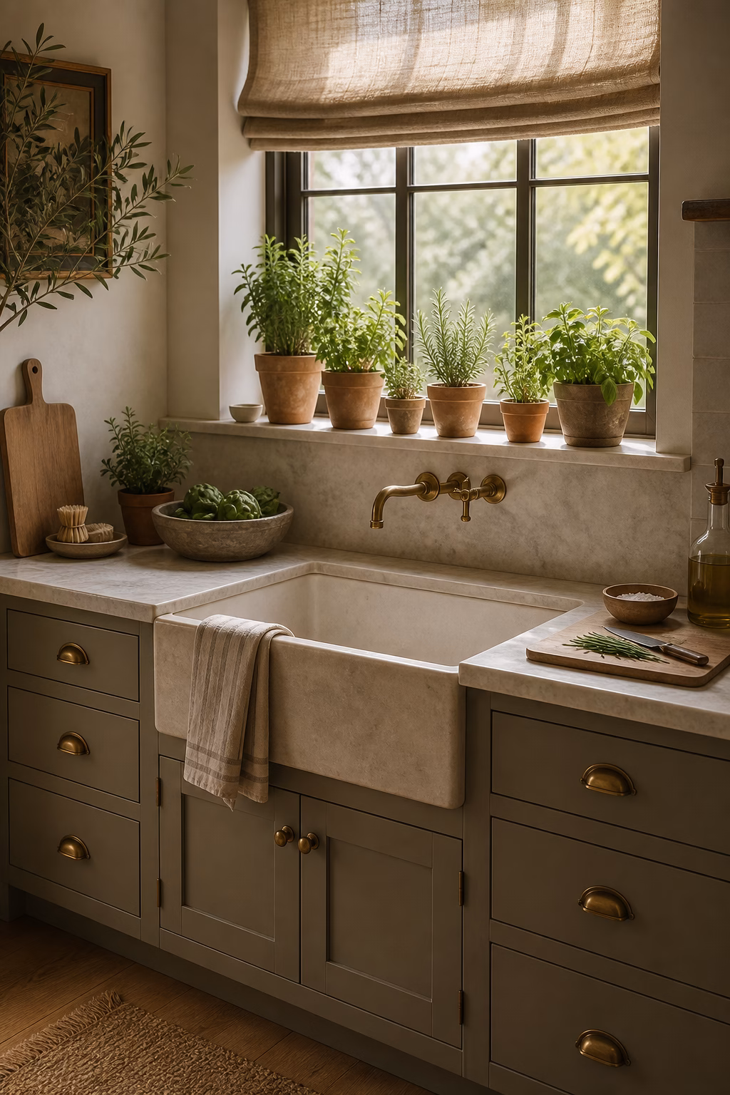 Kitchen window ledge with potted herbs and stone sink counter