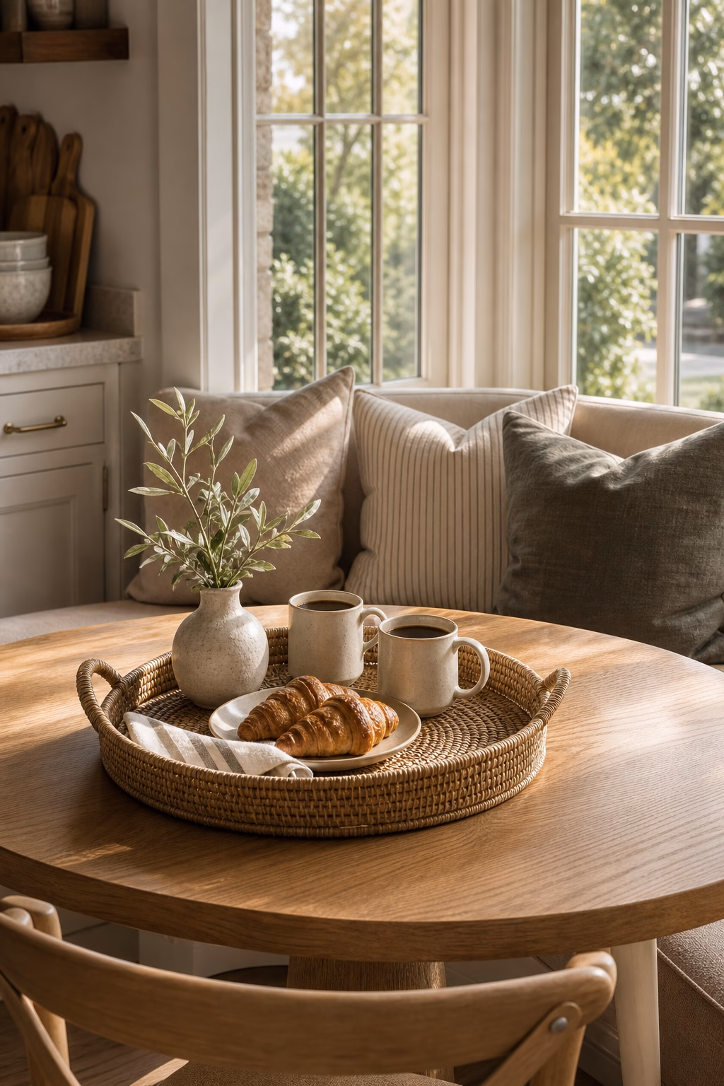 Breakfast nook styled with a simple tray for coffee pastries and a small vase.