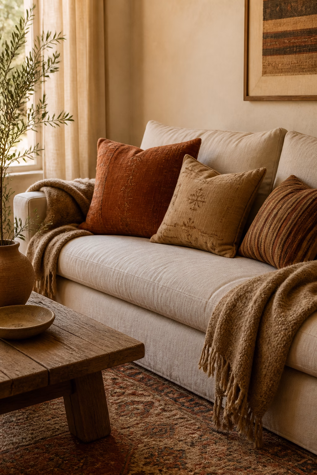 Cream linen sofa with clay rust ochre pillows in boho living room