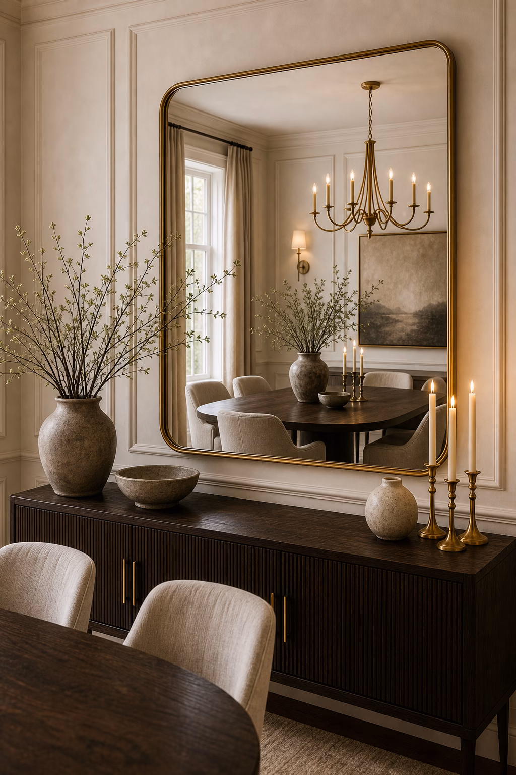 use a mirror to reflect the table shown in a polished luxury dining room with realistic materials and natural light.