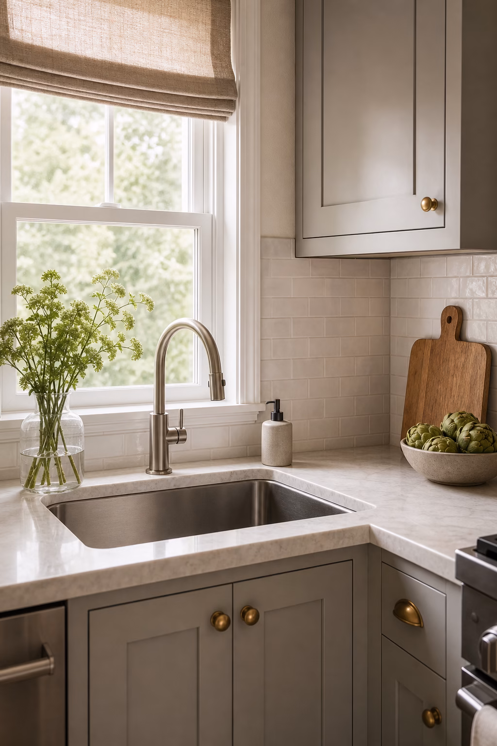 use a single-bowl sink shown in a polished small kitchen with realistic materials and natural light.
