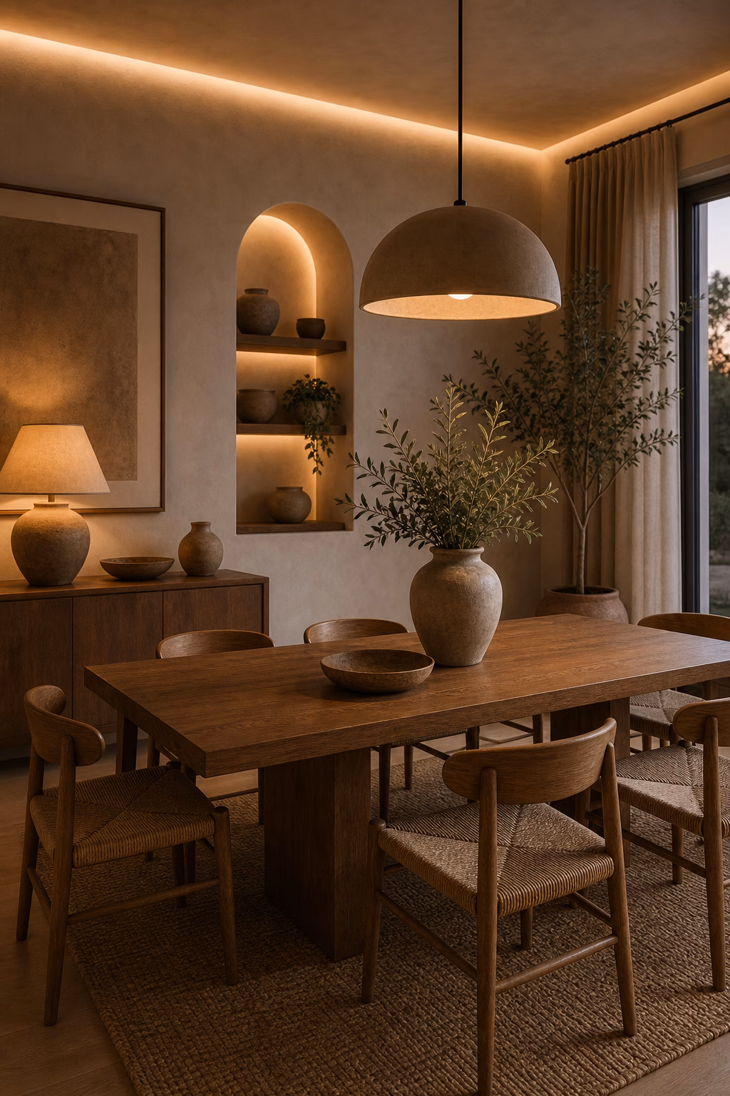finish with soft, indirect lighting shown in a polished organic modern dining room with realistic materials and natural light.