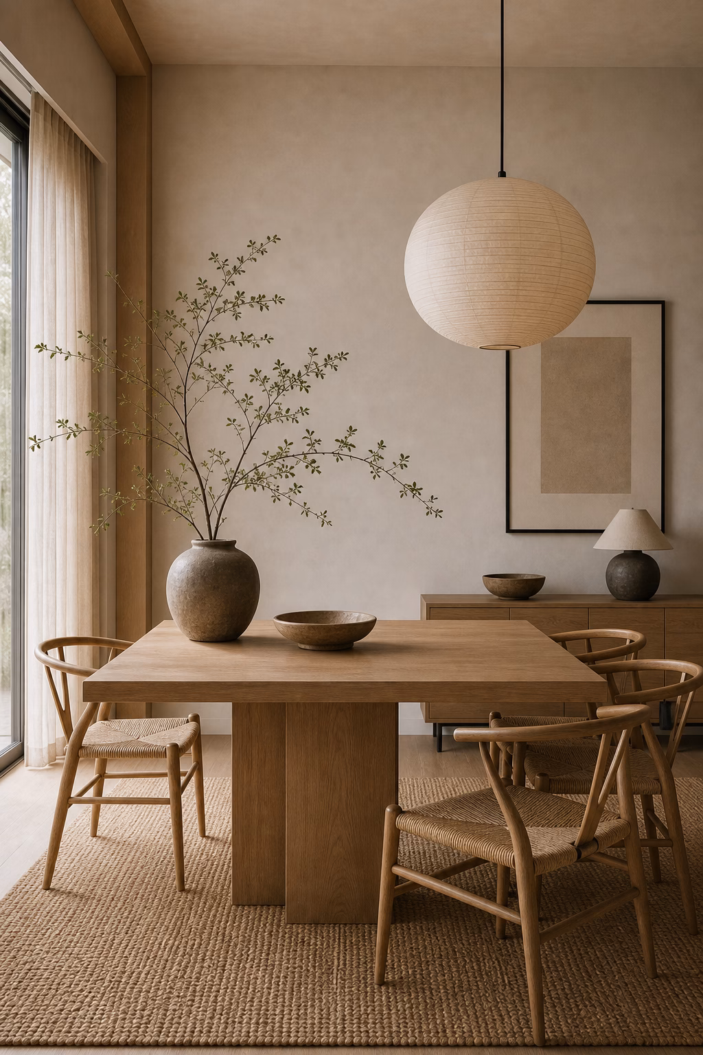 use asymmetry thoughtfully shown in a polished Japandi dining room with realistic materials and natural light.