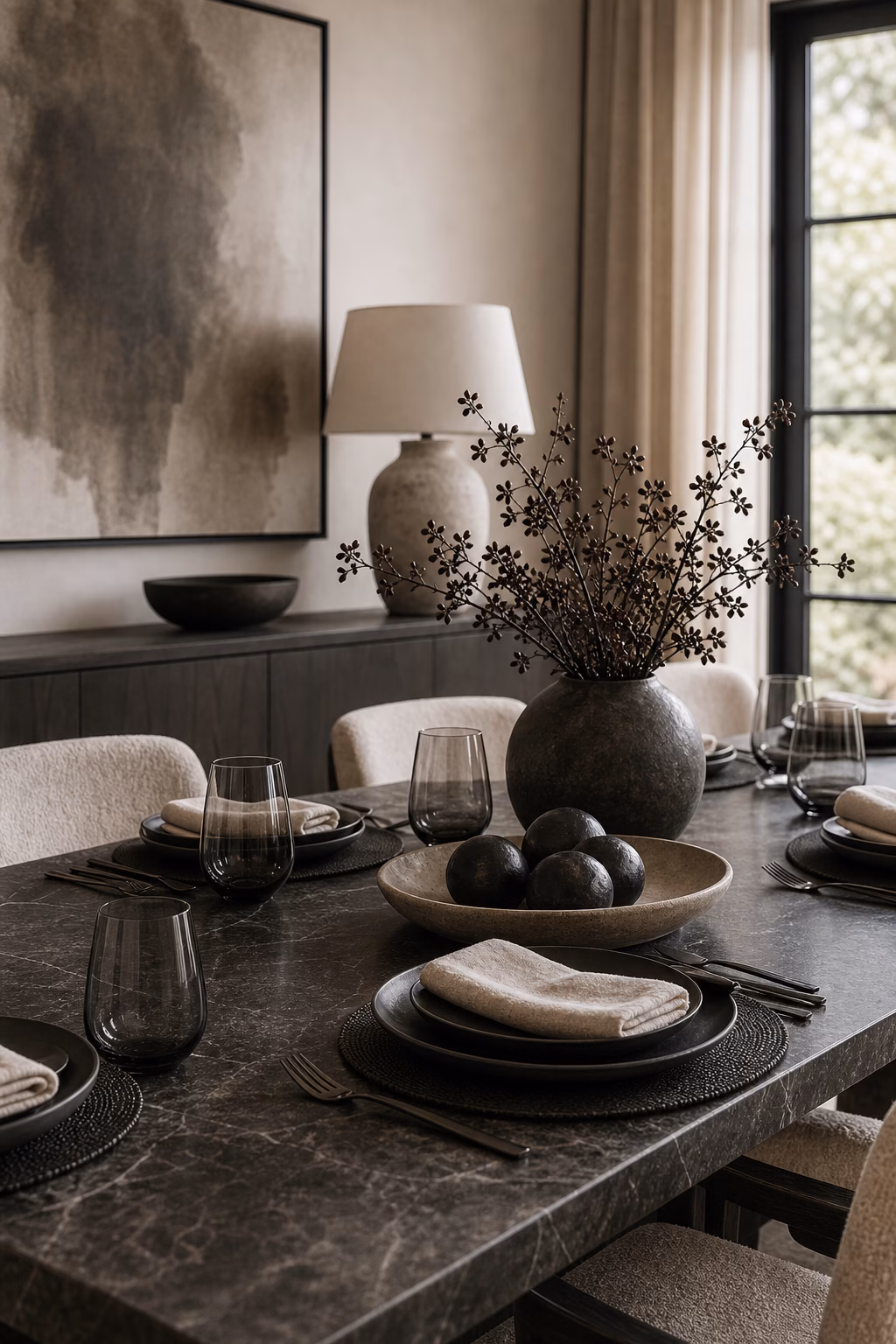 Monochrome contemporary dining table setting with layered textures.