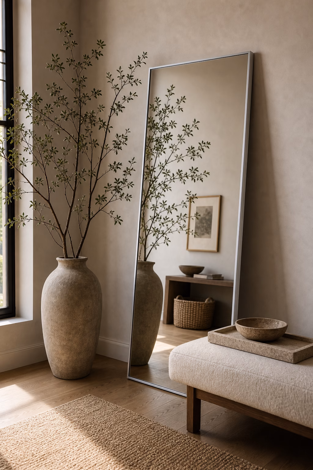 Tall floor mirror styled with oversized branches in a ceramic vessel