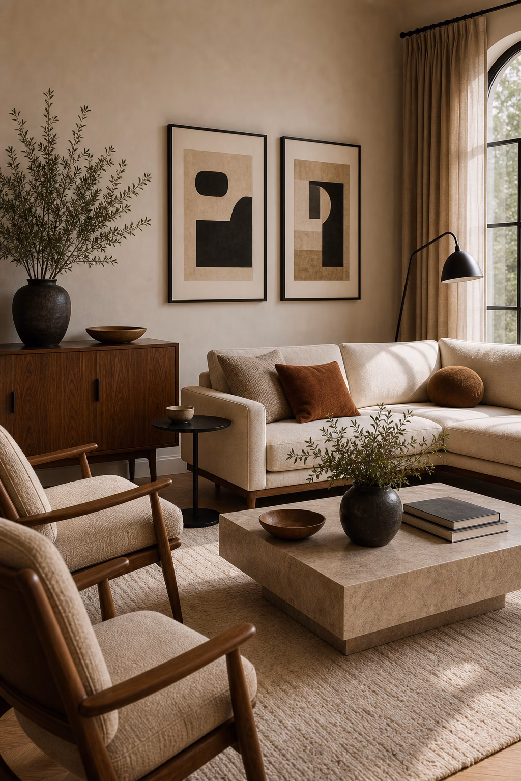 Mid-century living room with black accents and warm walnut furniture