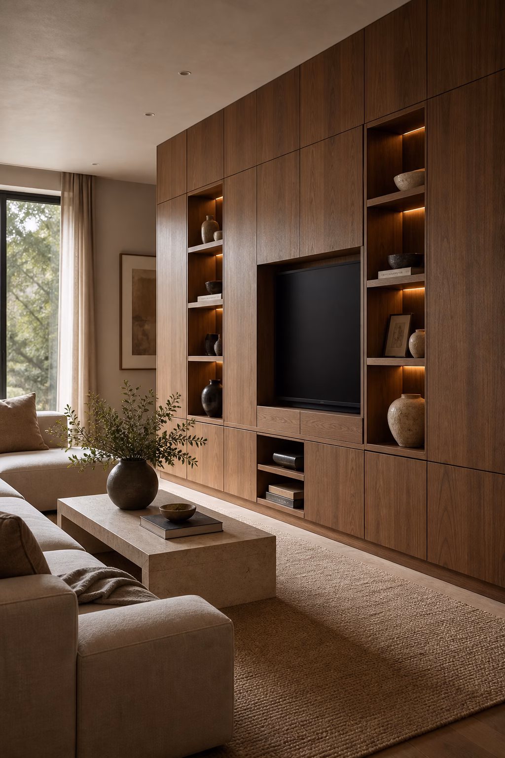 Living room storage wall disguised as refined wood paneling