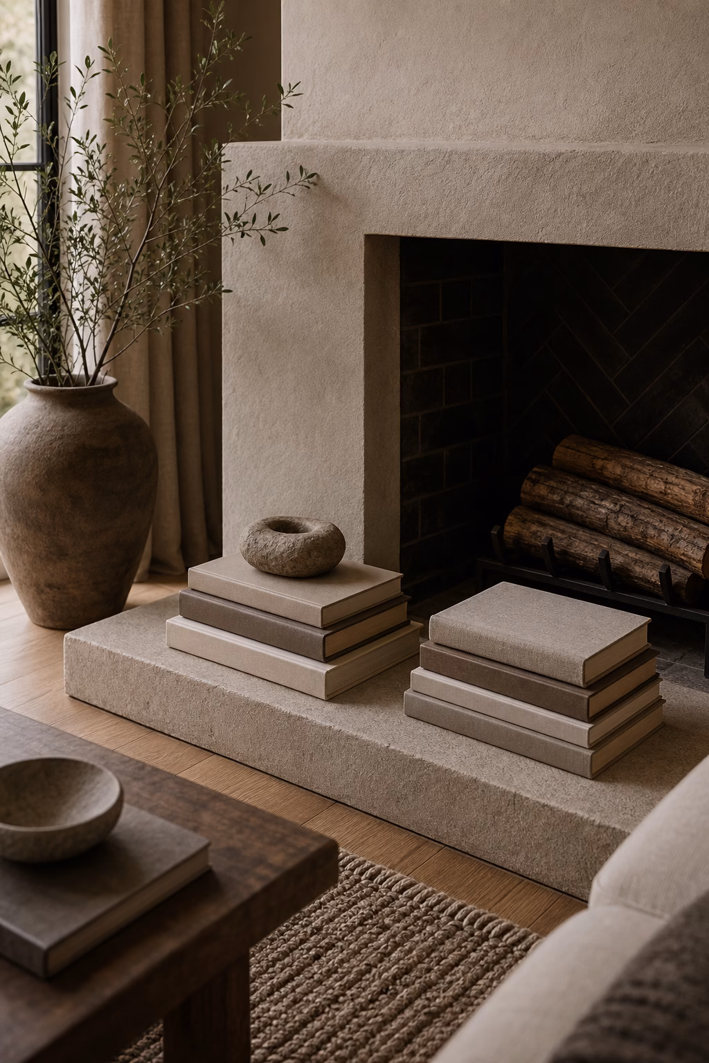 Small stacks of design books styled near a fireplace hearth