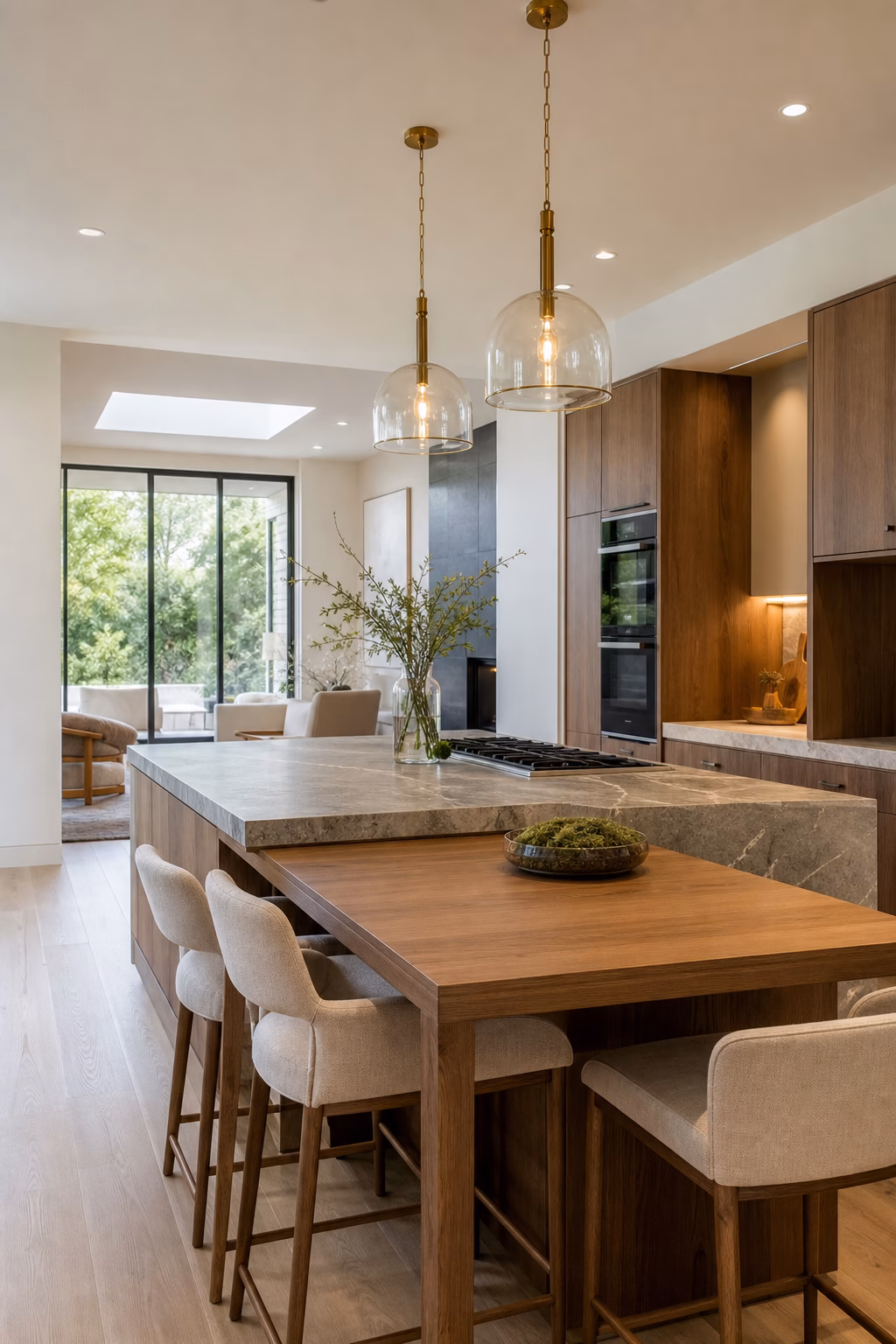 Modern kitchen island with an integrated dining extension and comfortable seating.