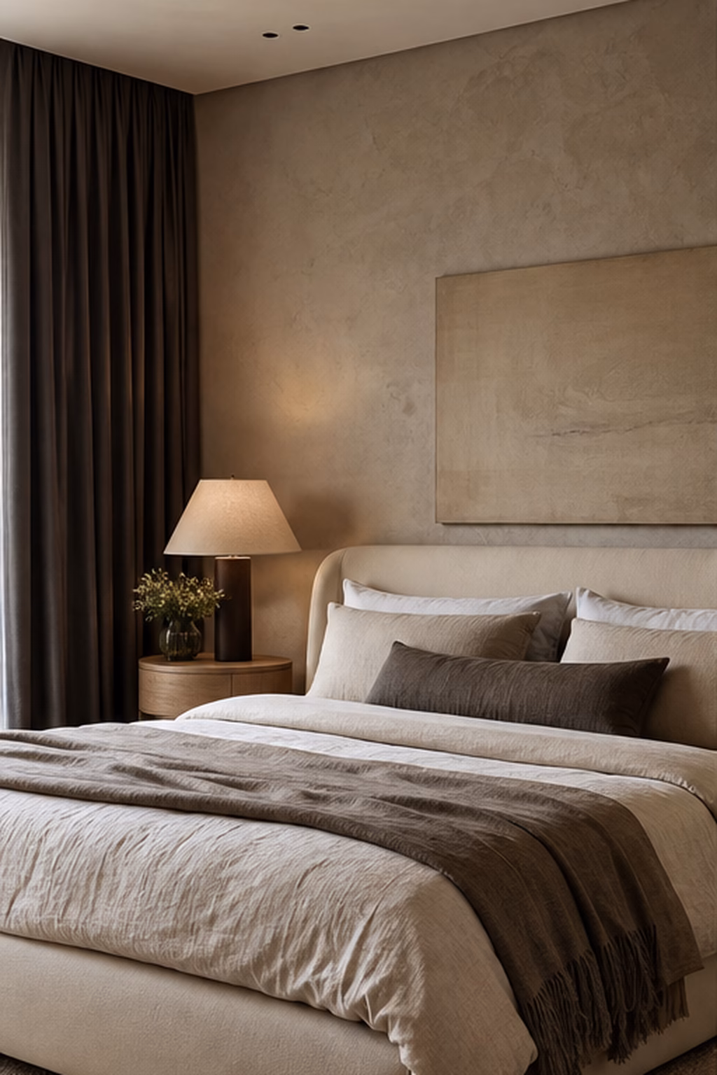 Modern bedroom designed as a calm recovery space with soft textures